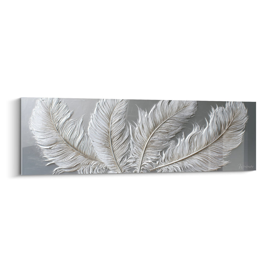 Tableau plumes blanches argentées relief métallique - Élégance naturelle - Edition Feng shui Ouest Métal