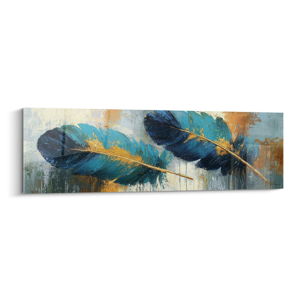 Tabelau veren blauw en goud op canvas - Gouden Lichtheid - Editie Veer