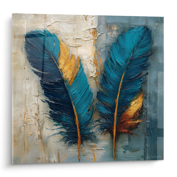 Cuadro Plumas Azules y Doradas sobre Fondo Texturizado - Vuelo Majestuoso - Edición Pluma