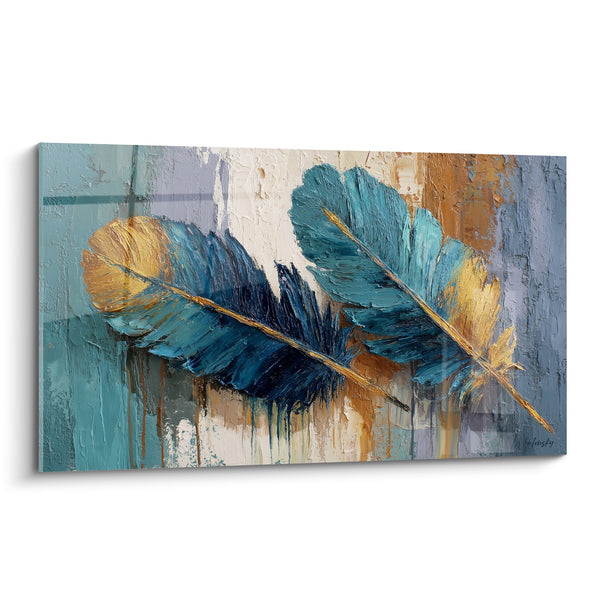 Cuadro Plumas Azules y Doradas Texturizadas - Elegancia Natural - Edición Pluma