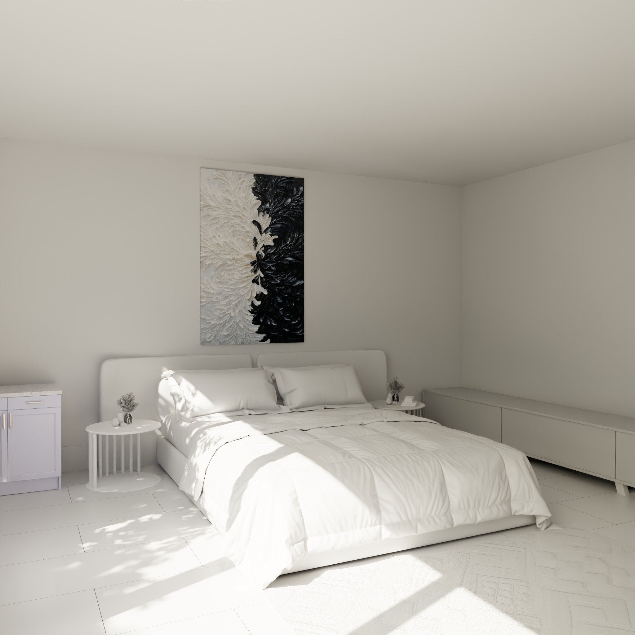 Tableau plumes relief noir blanc chambre decoration murale feng shui nord-ouest ambiance zen