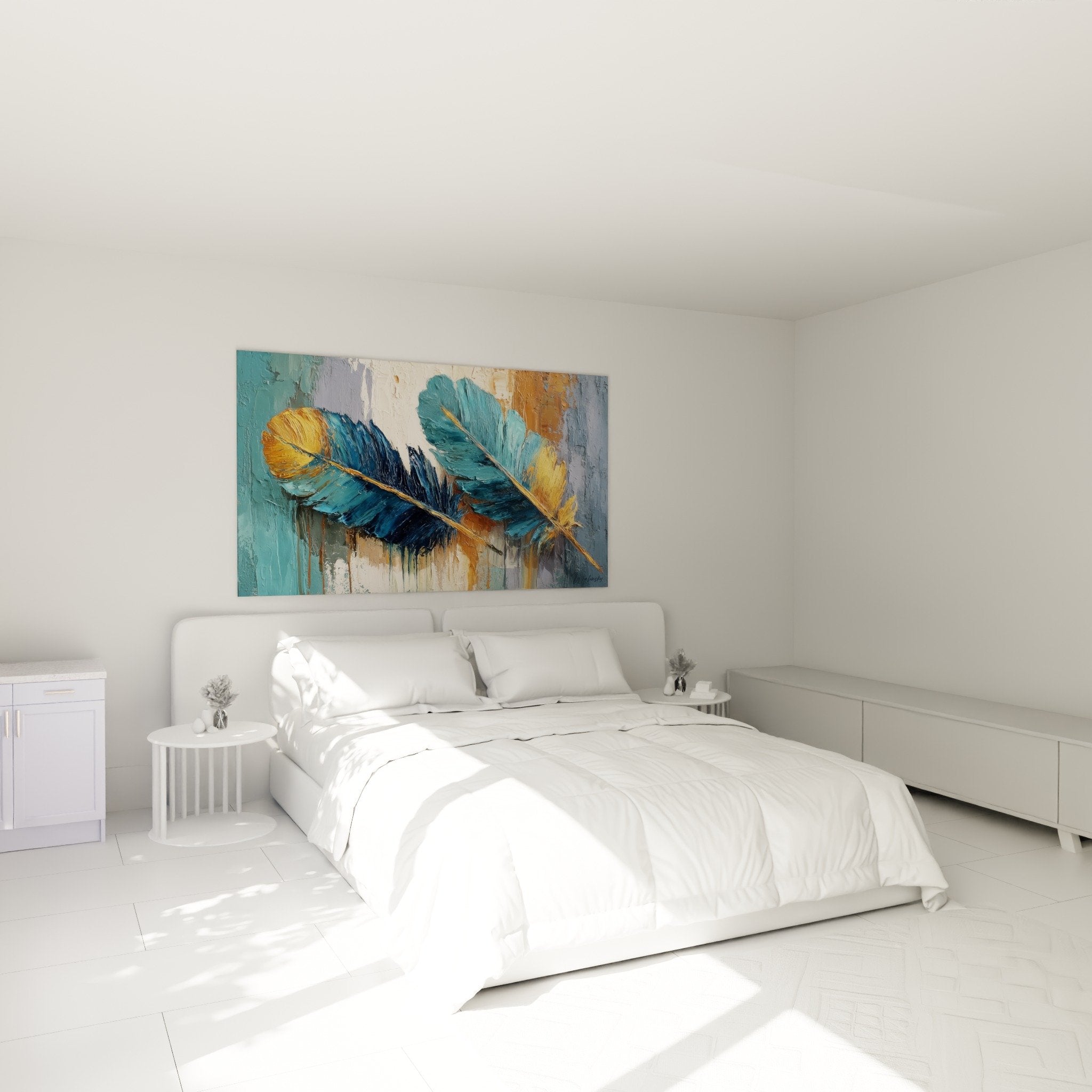Blue and gold feathers wall art in modern bedroom, elegant mural decoration