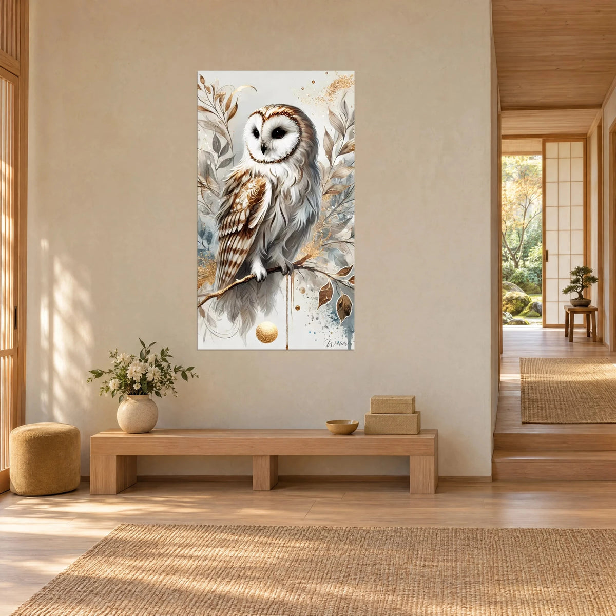 Tableau rapace nocturne au disque facial blanc cerné de brun, feuillages gris et or, vu de biais, mur beige japandi
