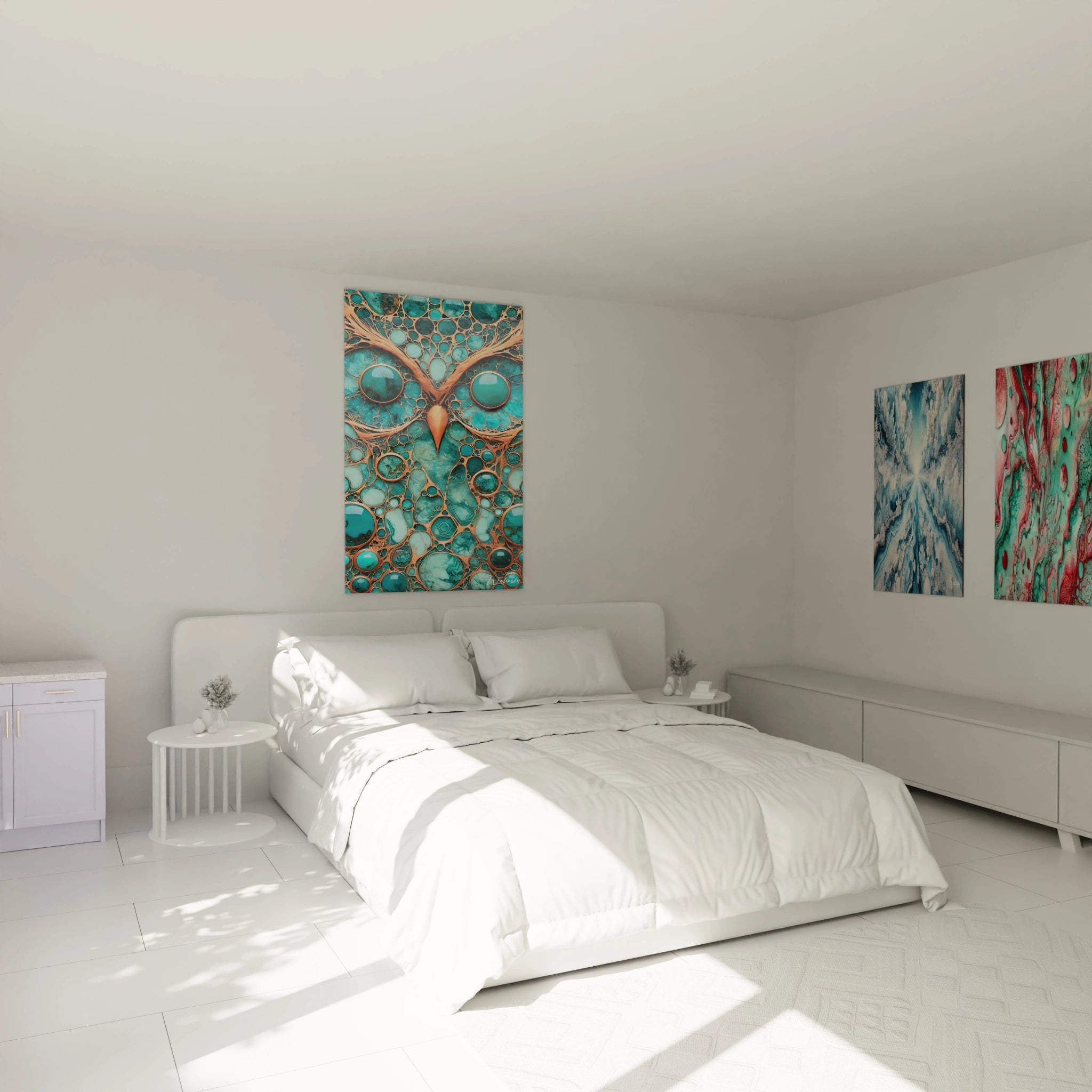 Le tableau style epoxy accroché au mur, au-dessus du lit dans une chambre. Ses reflets cuivrés et ses couleurs vibrantes apportent une atmosphère apaisante et mystérieuse, idéale pour un environnement reposant.

