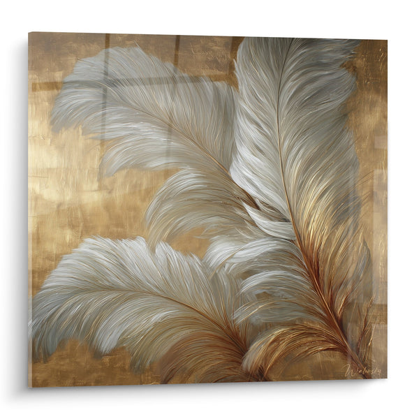 Cuadro de plumas doradas y plateadas sobre fondo ocre - Elegancia natural - Edición Pluma