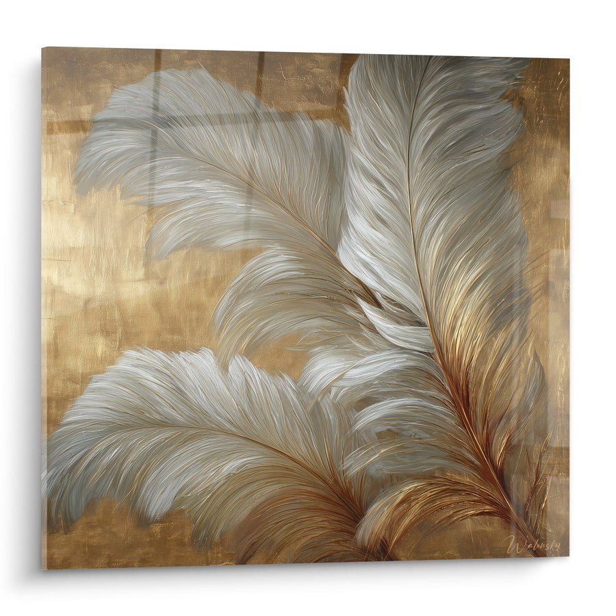 Quadro piume dorate e argentate su fondo ocra - Eleganza naturale - Edizione Plume