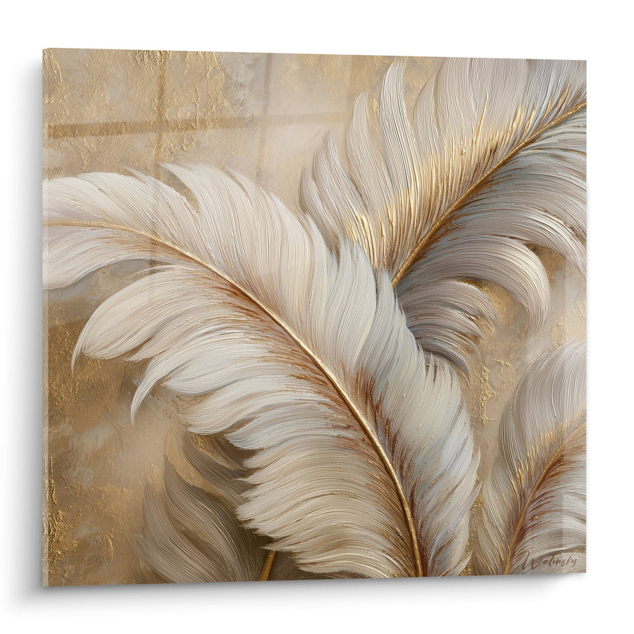 Quadro con piume dorate e beige su sfondo texturizzato - Eleganza naturale - Edizione Piuma