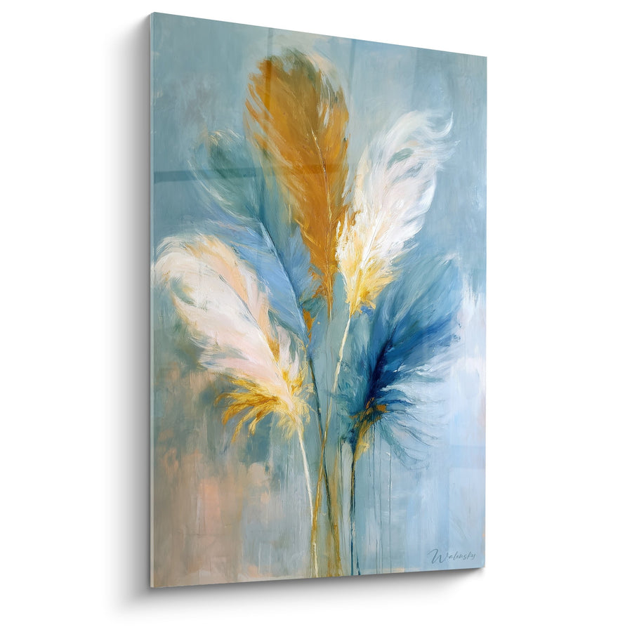 Quadro Piume Dorate e Blu su Sfondo Azzurro - Leggerezza Celeste - Edizione Piuma