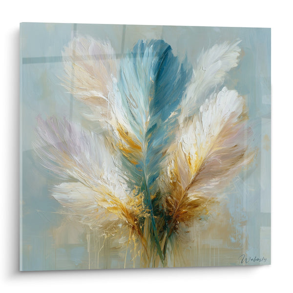 Cuadro de plumas majestuosas con reflejos dorados y azules sobre fondo sereno - Vuelo Celeste - Edición Pluma