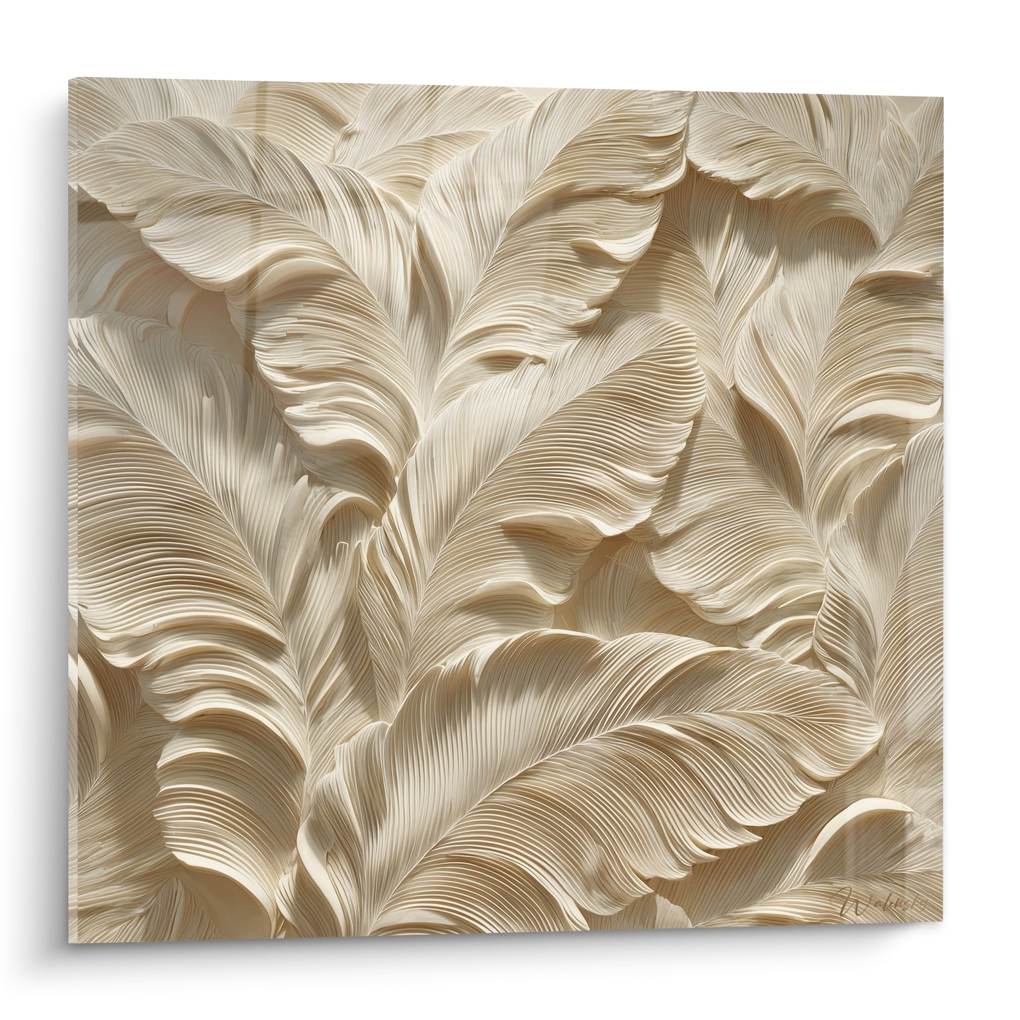 Sculptured golden feathers wall art with raised relief beige nacre finish premium wall decoration