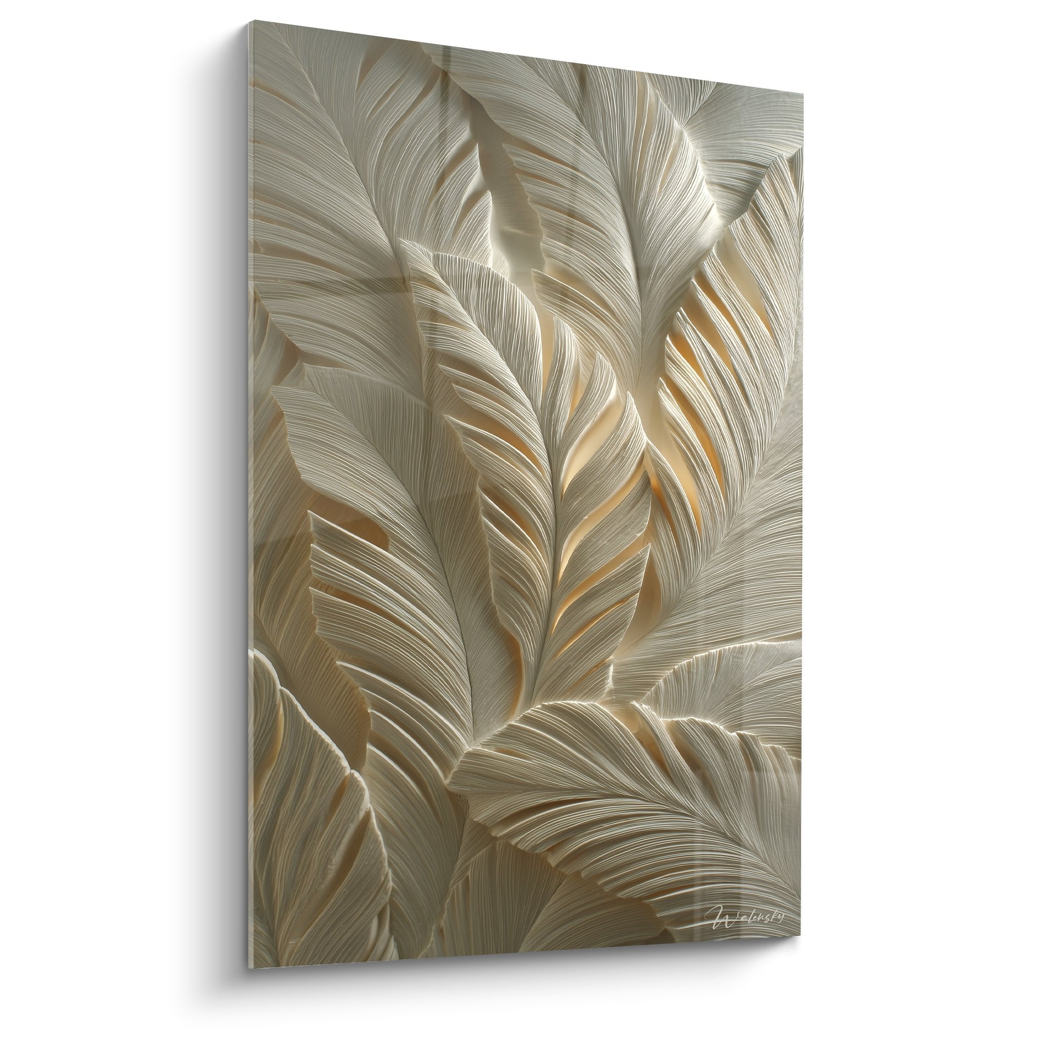 3D sculpted golden feathers relief wall art beige champagne contemporary edition feather painting