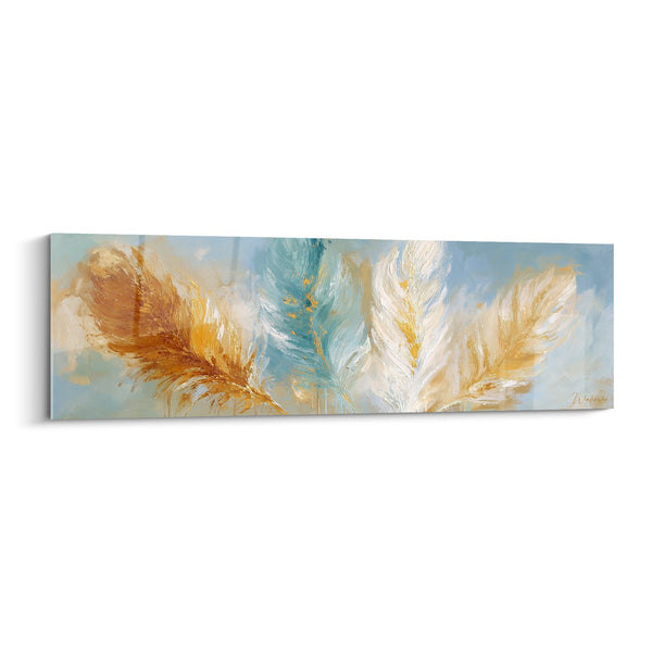 Cuadro Plumas Doradas y Turquesa sobre Fondo Celeste - Vuelo Precioso - Edición Pluma