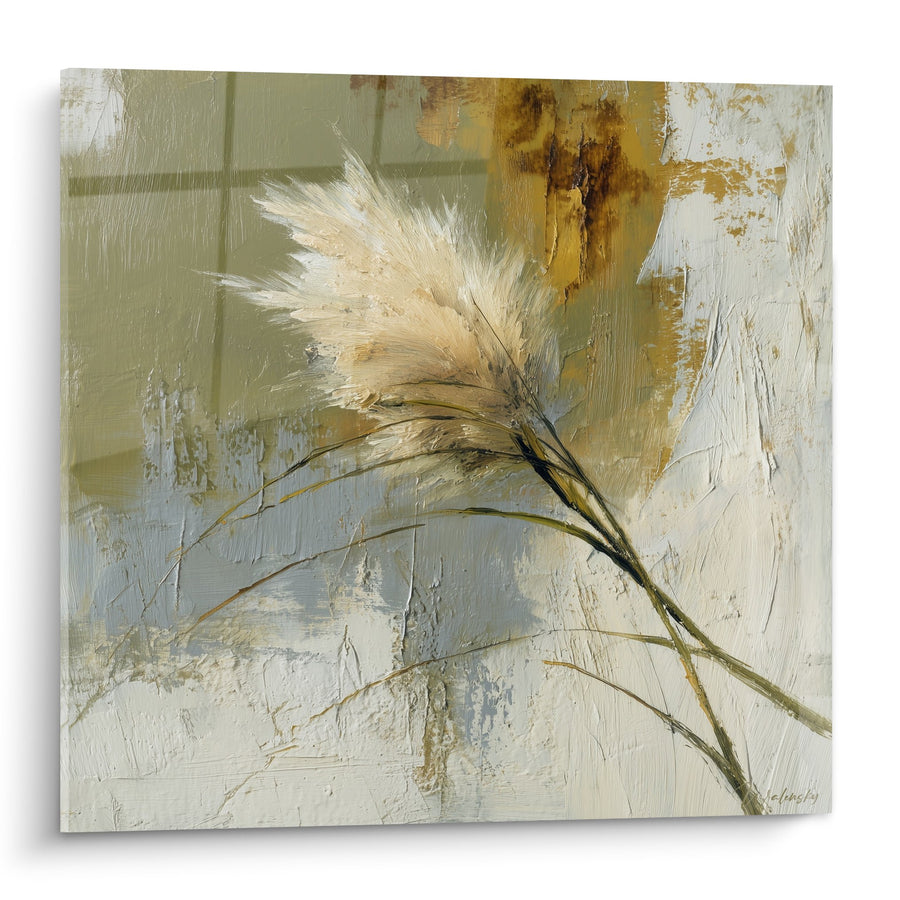 Tableau plumes dorées et blanc crème sur fond abstrait beige - Douceur automnale - Edition Graminées
