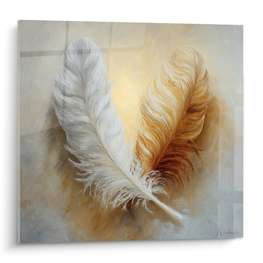 Quadro Due Piume Grigie e Dorate su Sfondo Luminoso - Dolcezza Naturale - Edizione Piuma