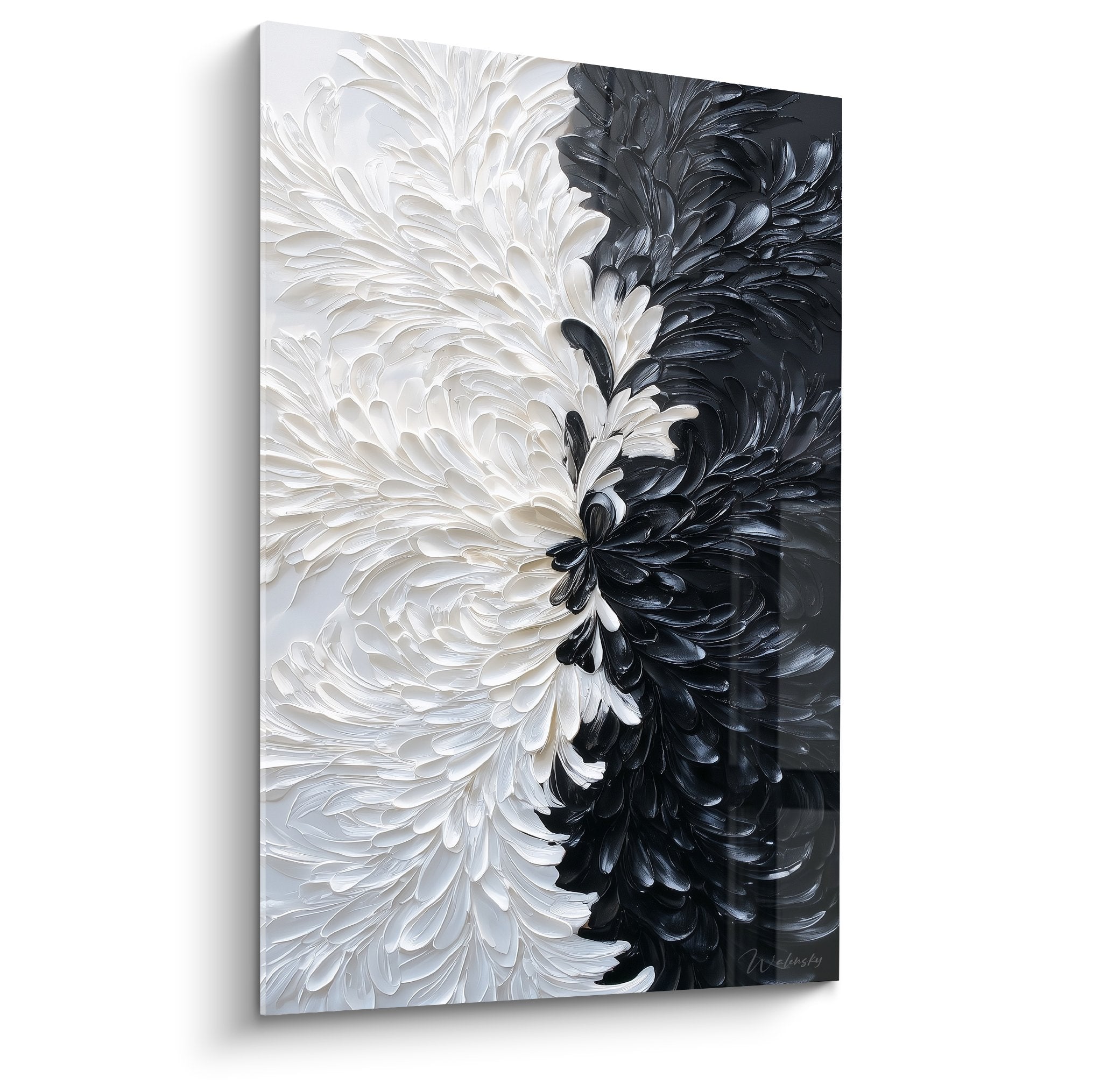 Tableau sculptural plumes blanches noires relief dualite feng shui nord-ouest metal decoration murale