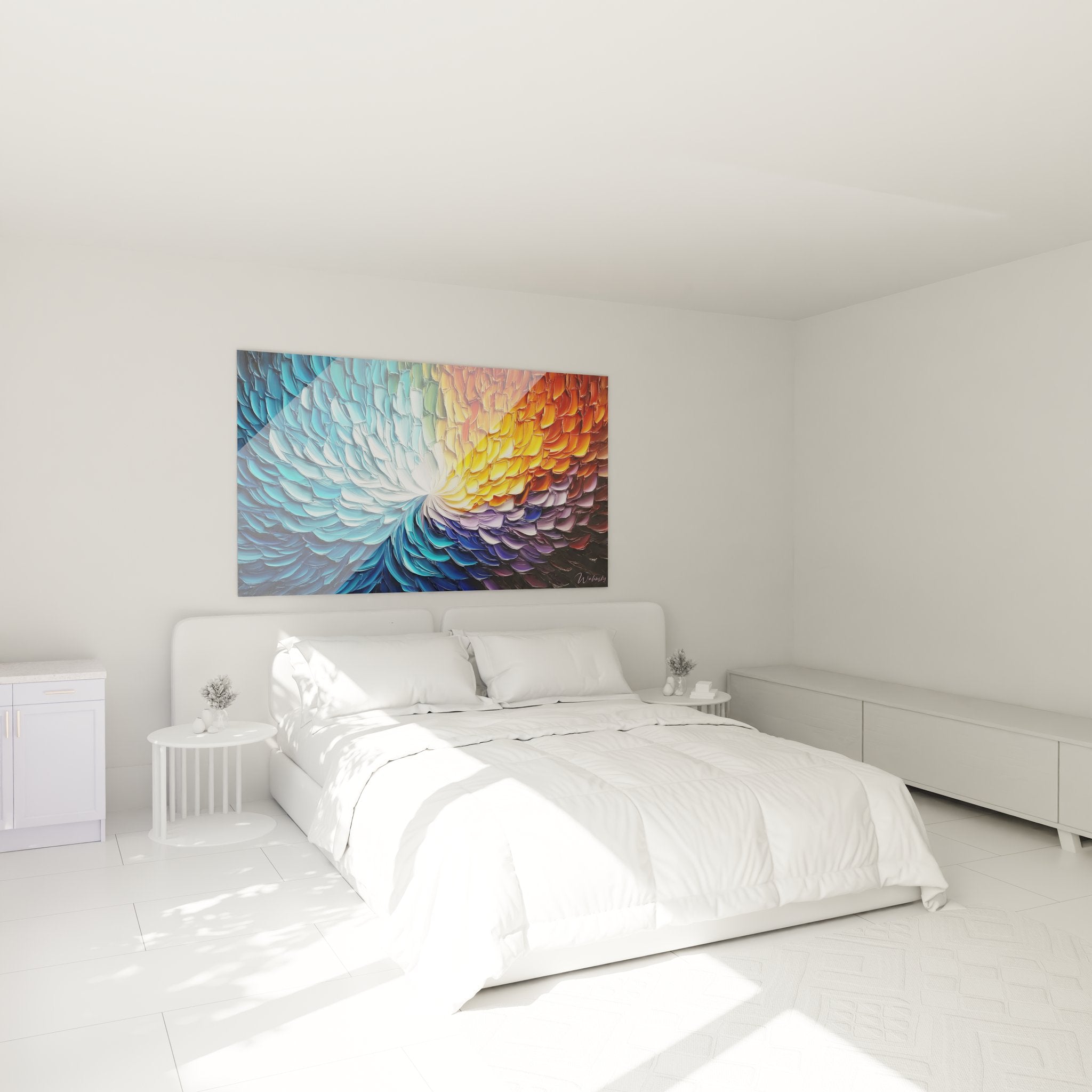 Tableau plumes abstraites spirale chambre décoration murale art contemporain coloré