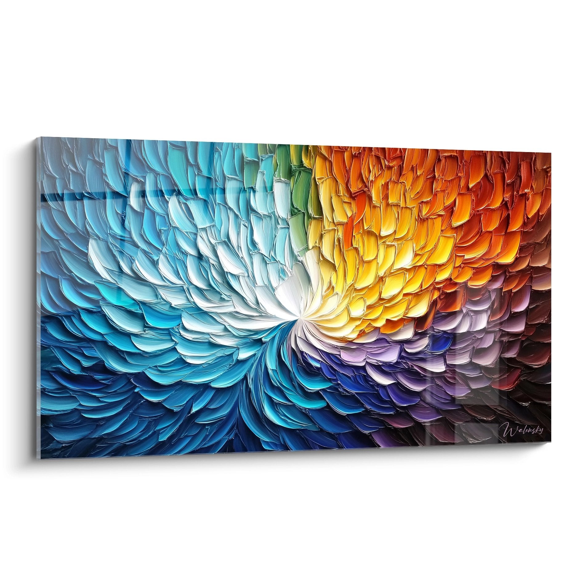 Tableau abstrait plumes spirale colorée bleu orange violet décoration murale moderne