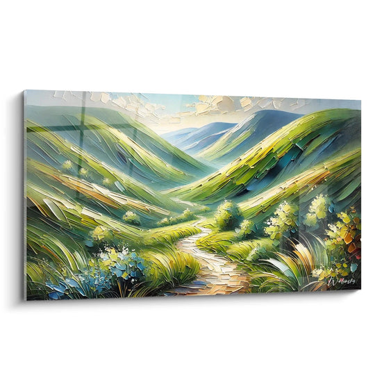 Ammira il quadro Montagna, un'opera contemporanea che evoca la serenità delle vallate. La luce soffusa valorizza le colline ondulate e la vegetazione lussureggiante.

