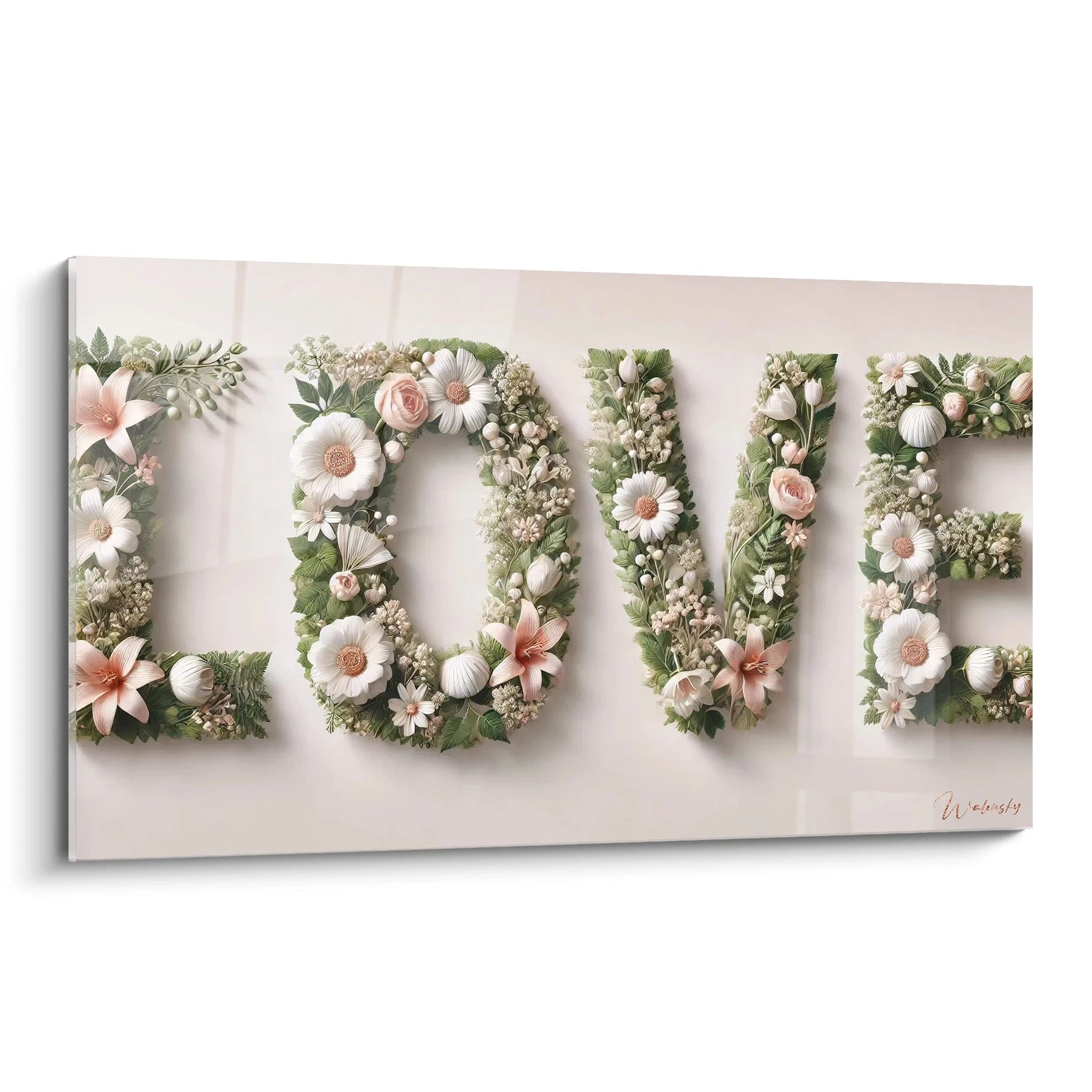 Ce tableau love, vue de biais, révèle des fleurs délicates et des feuilles vertes dans un style contemporain. Une œuvre idéale pour sublimer votre intérieur avec douceur et poésie.

