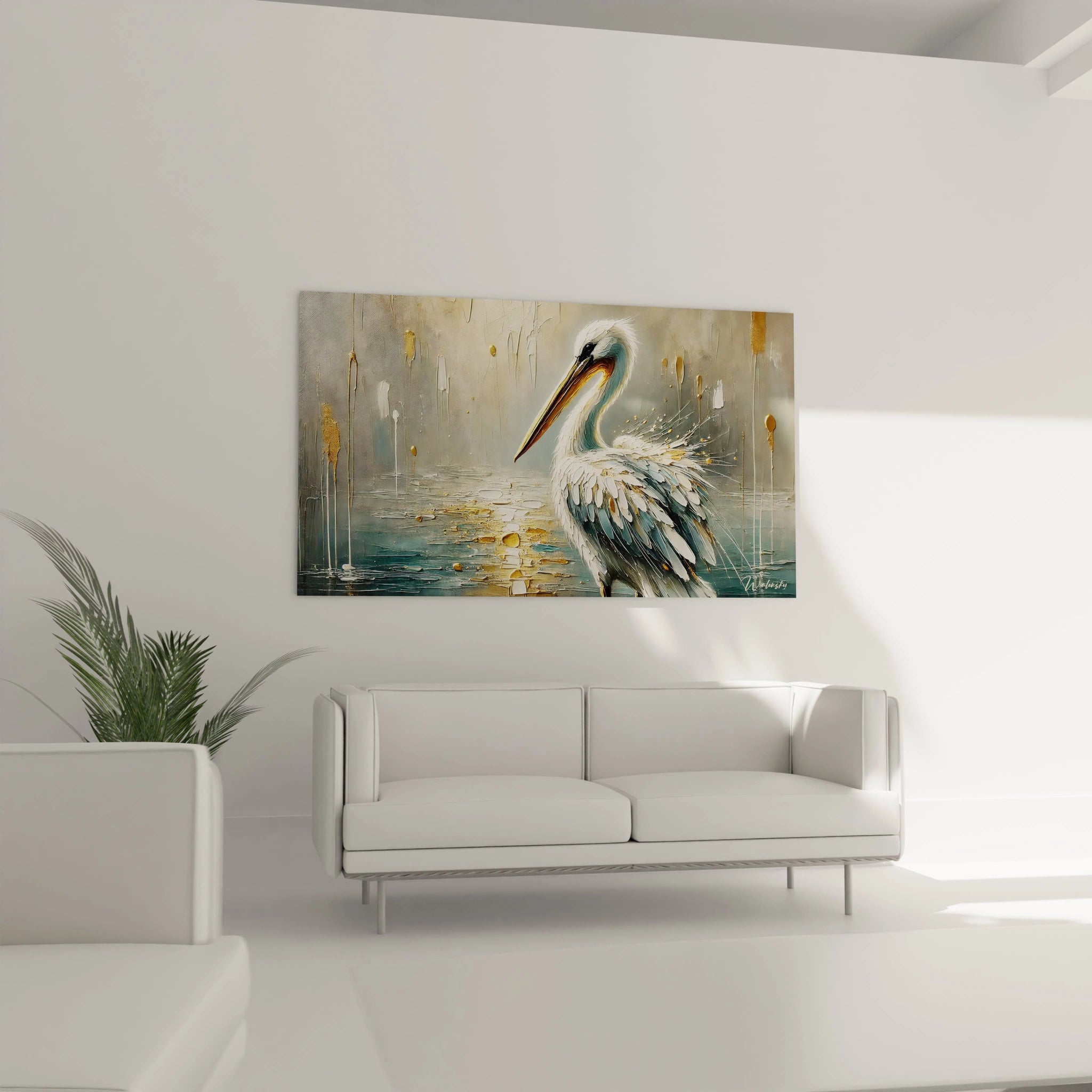 dans un salon, ce tableau pelican sublime l ambiance avec ses tons blancs, gris et or. La grace tranquille de l oiseau se marie parfaitement au dessus du canape pour un decor apaisant

