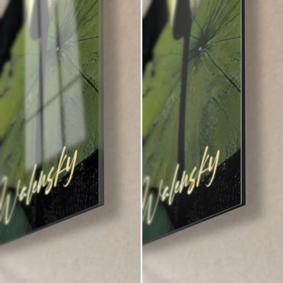 Wall art white lotus and deep green leaves, bottom right corner: glossy acrylic glass on the left, matte black Dibond on the right