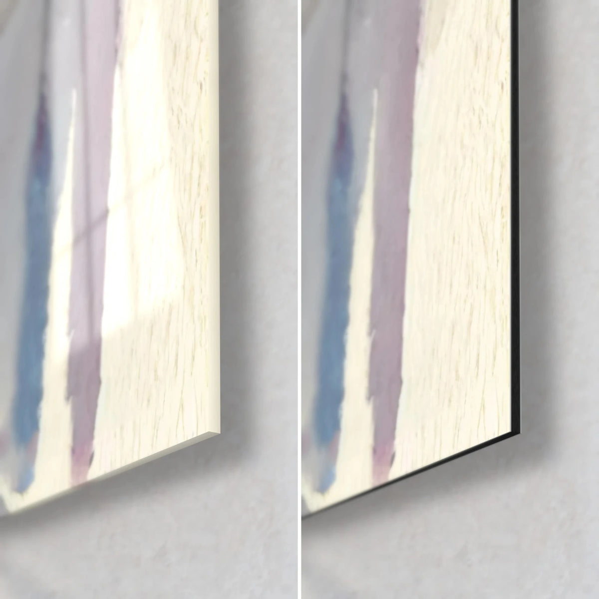 Gemälde Chamäleon in Aquarelltechnik, untere rechte Ecke: glänzendes Acrylglas links, mattes Dibond rechts, blaue und mauve Schlieren