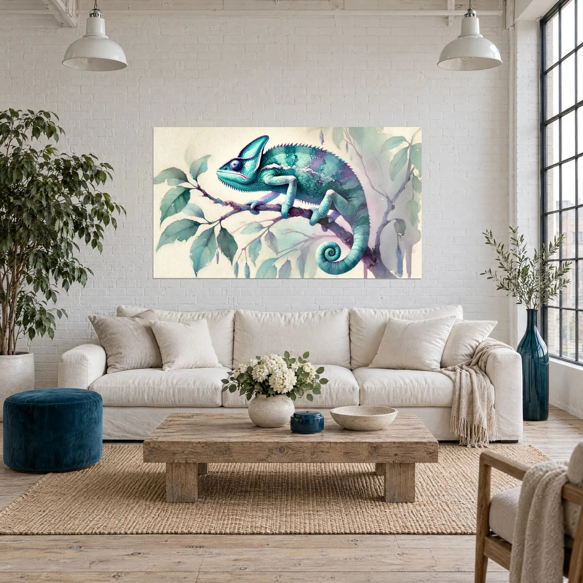 Gemälde Chamäleon in Türkis auf einem Ast, salbeigrüne Blätter und mauve Akzente, über einem Sofa in einem hellen Wohnzimmer