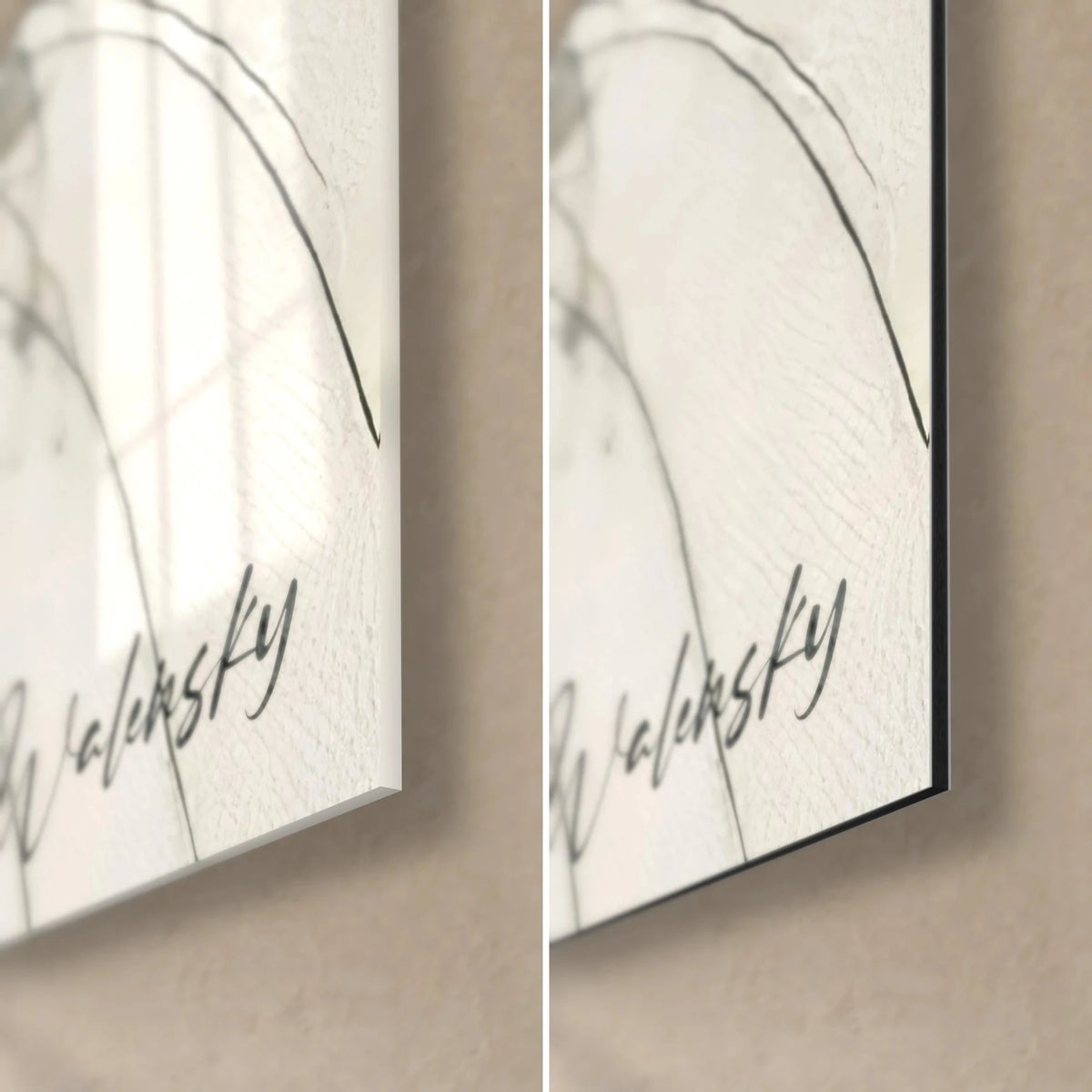 Schilderij dansende silhouet in inkt, rechteronder: glanzend acrylglas links, mat zwart Dibond rechts, handtekening Walensky