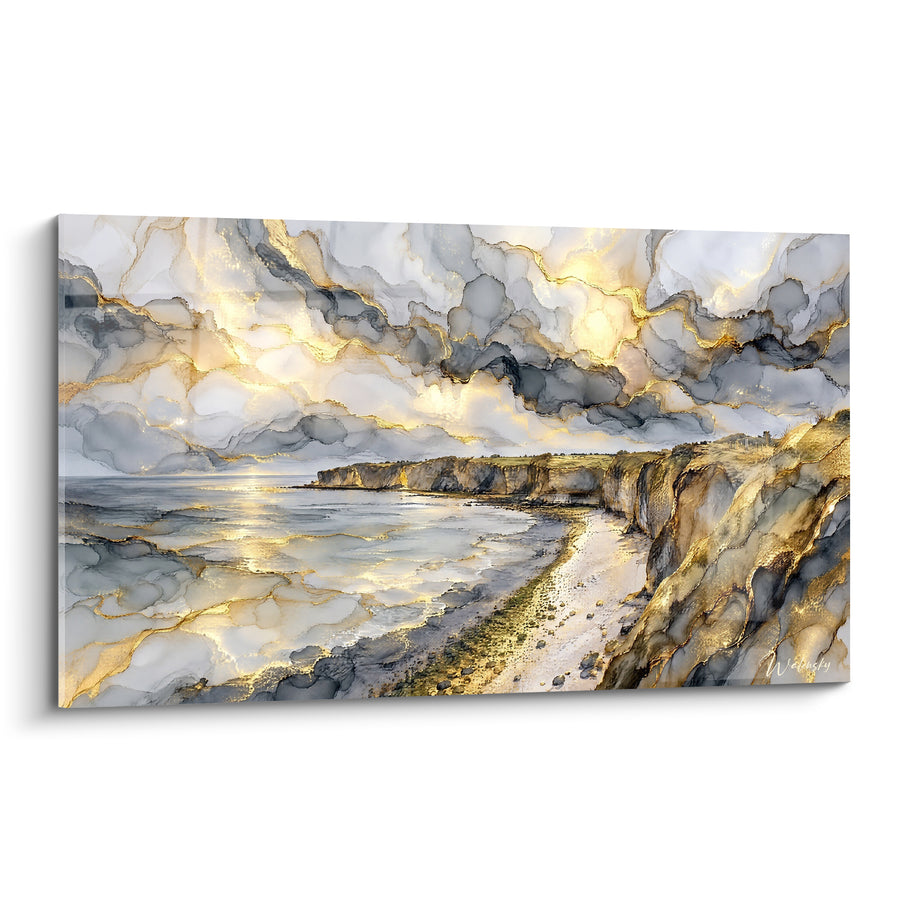 Schilderij Kustklif in goud met antraciet reflecties - Licht aan de kust - Editie Pointe du Hoc Normandië Frankrijk