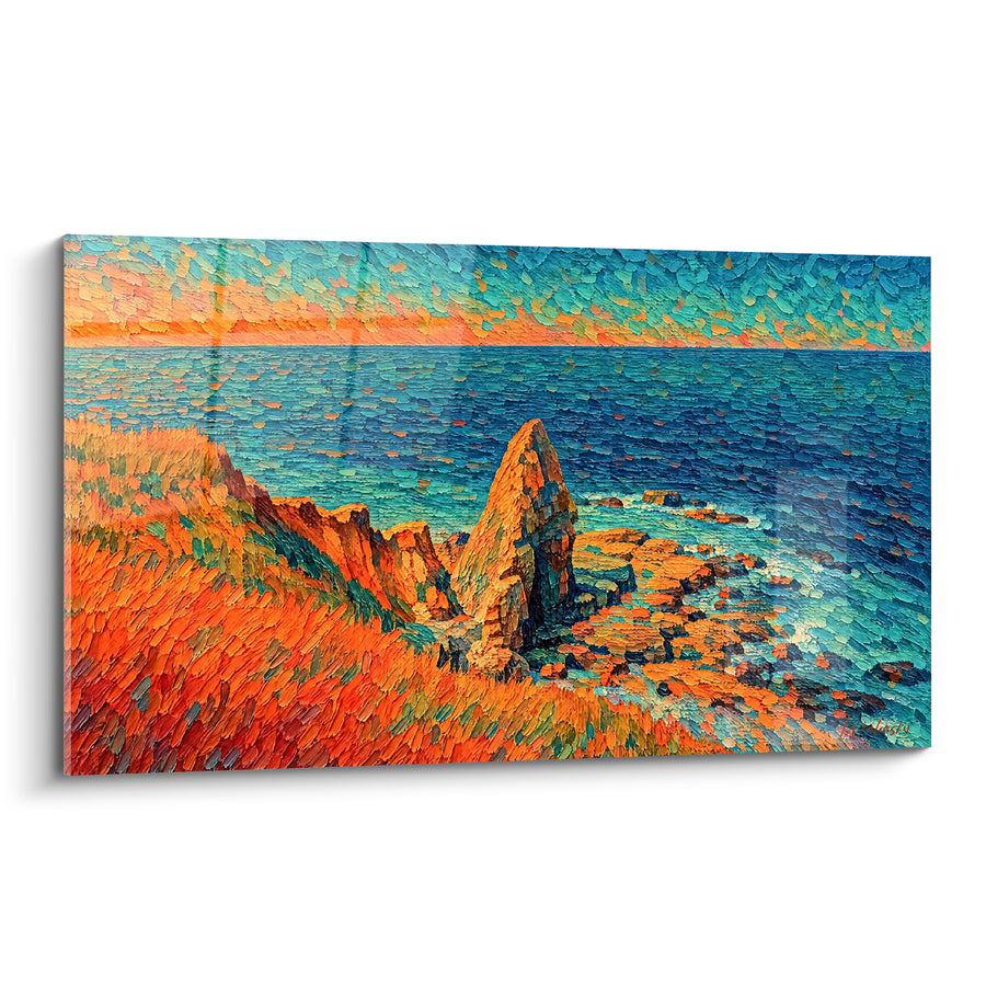 Schilderij Rotswand oranje en turquoise blauw - Adem van de open zee - Editie Pointe du Hoc Normandië Frankrijk