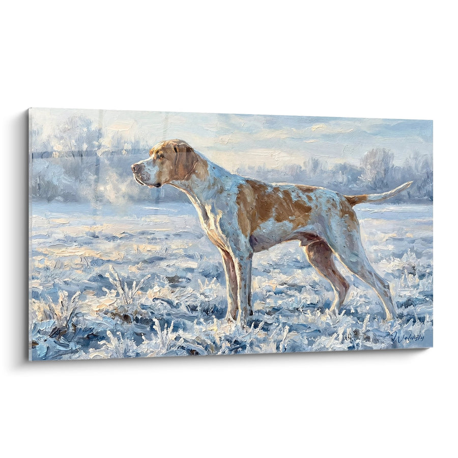 Schilderij van een Staande Hond in Winterlandschap - IJskoude Majesteit - Pointer Engelse Editie