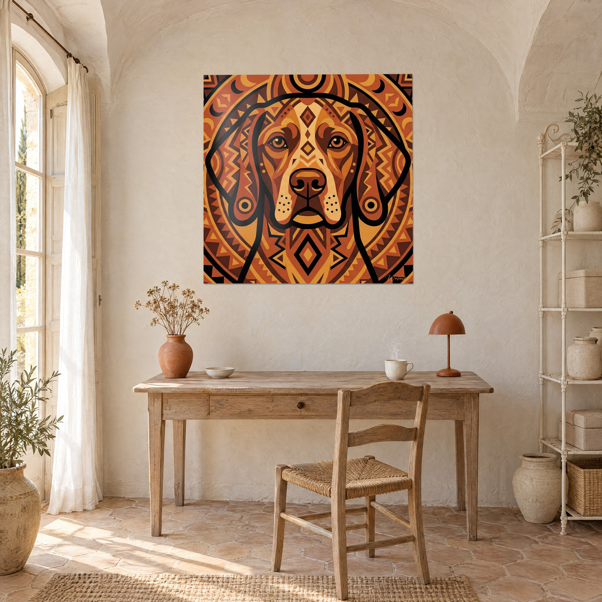 Schilderij van een gestileerd hondengezicht in vlakke oranje, zwarte en crèmekleurige tinten, hangend boven een bureau van licht hout
