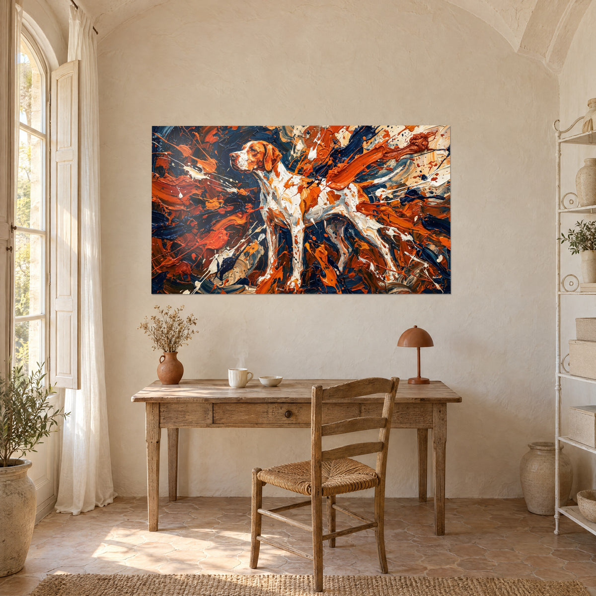 Cuadro retrato de perro de muestra en pasta gruesa naranja y crema, fondo azul noche, encima de un escritorio de madera clara