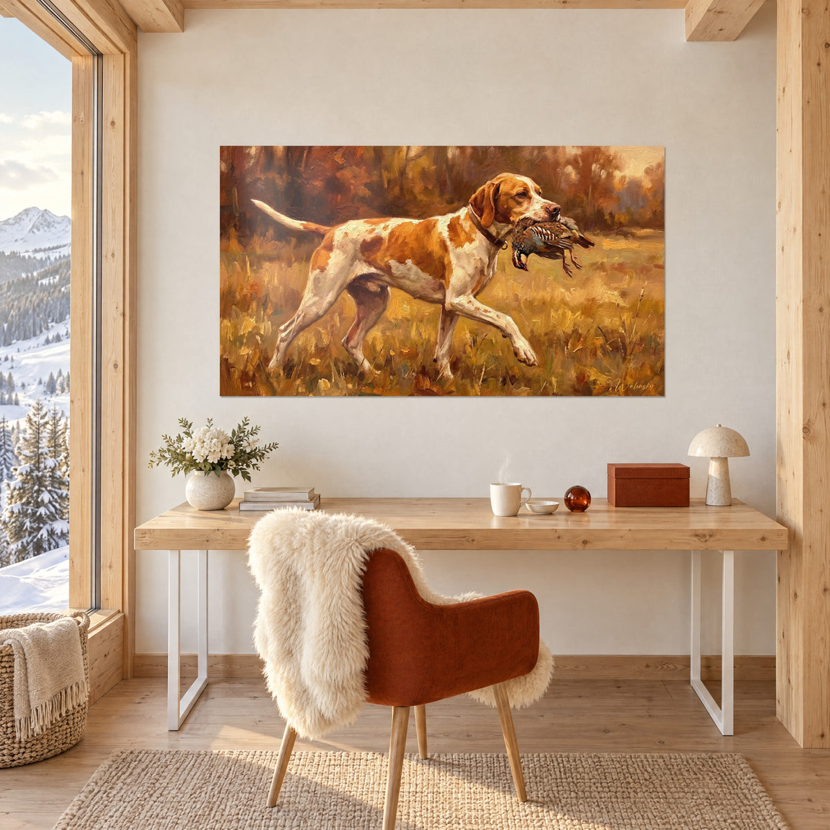 Wall art English pointer in full stride, striped partridge in its mouth, straw-yellow grass, on a white wall above a desk