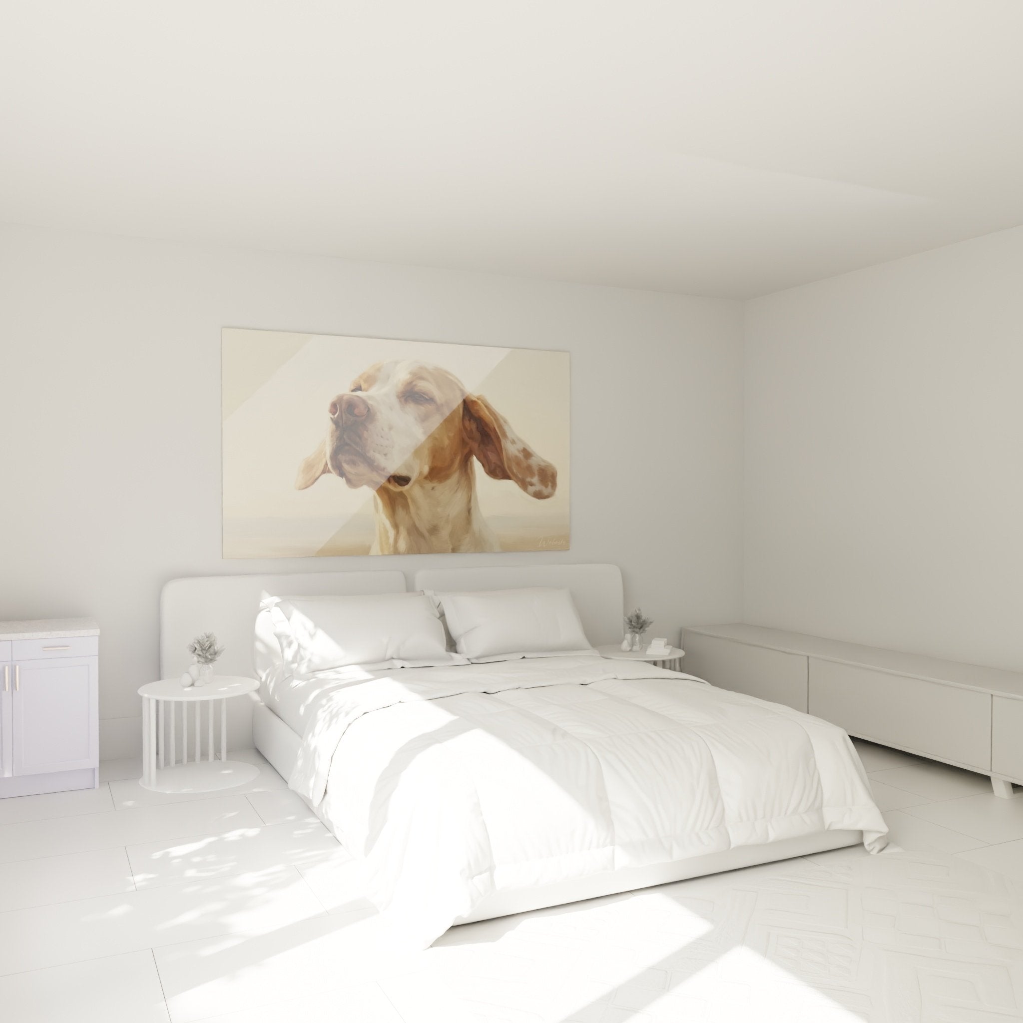 Quadro ritratto English Pointer in camera moderna, atmosfera soffice e accogliente con toni beige