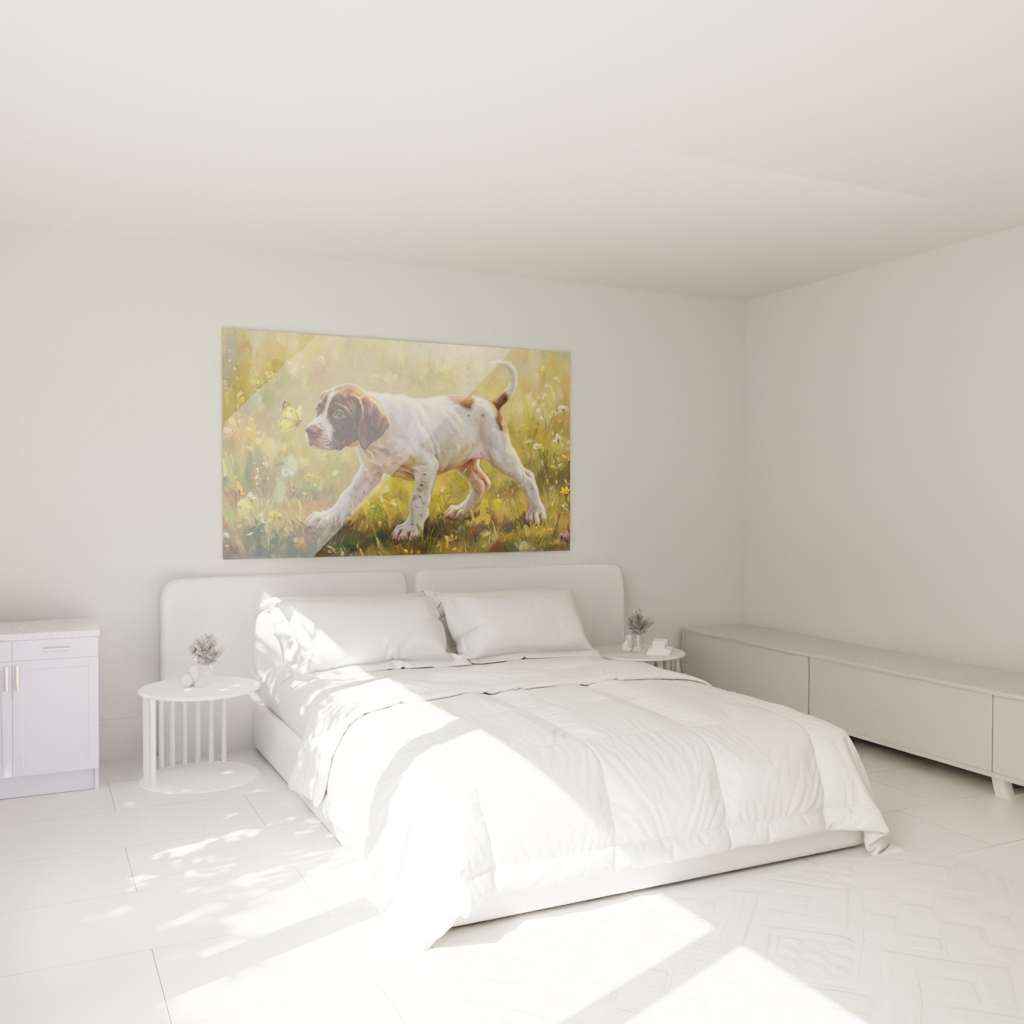 Quadro cucciolo Pointer Inglese toni dorati in camera moderna - decorazione murale calda
