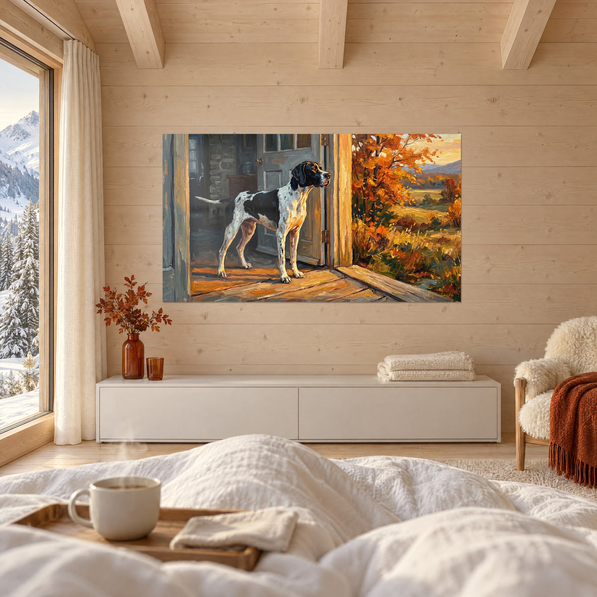 Gemälde eines dreifarbigen Bracken vor einer offenen Tür, orangefarbener Ahorn und goldene Hügel, über einem Bett in einem hellen Schlafzimmer