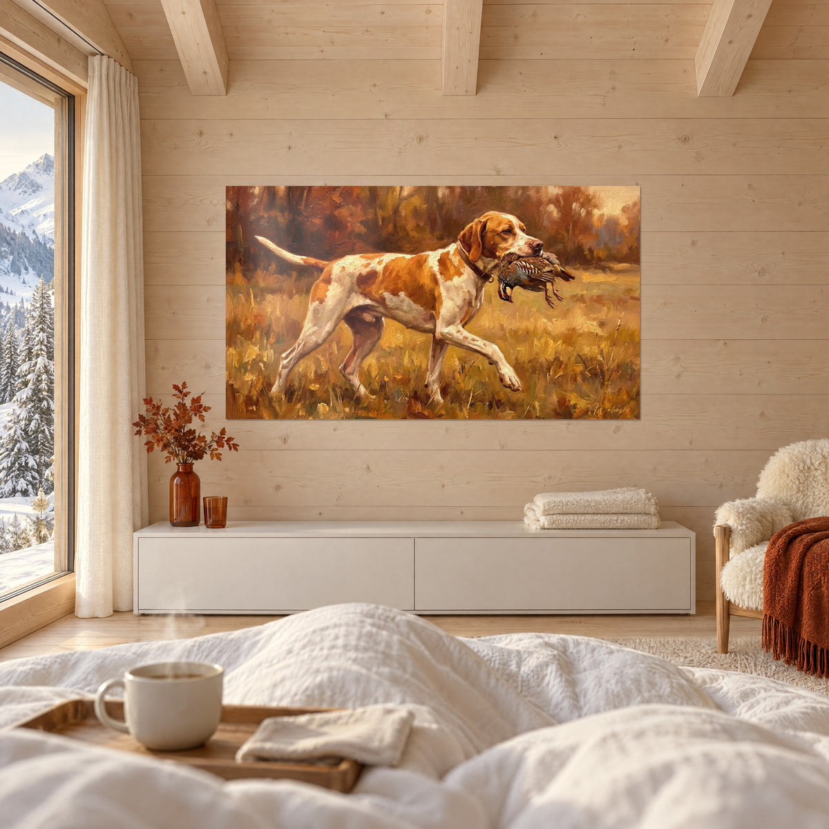 Wall art orange-and-white setter trotting through amber grass, game in its jaws, above a bed in a bright bedroom