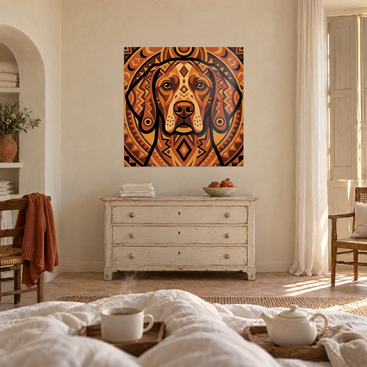 Schilderij van een gespikkelde beige snuit op een achtergrond van koperkleurige en okerkleurige cirkels, gezien vanuit het bed, boven een bed in een lichte slaapkamer