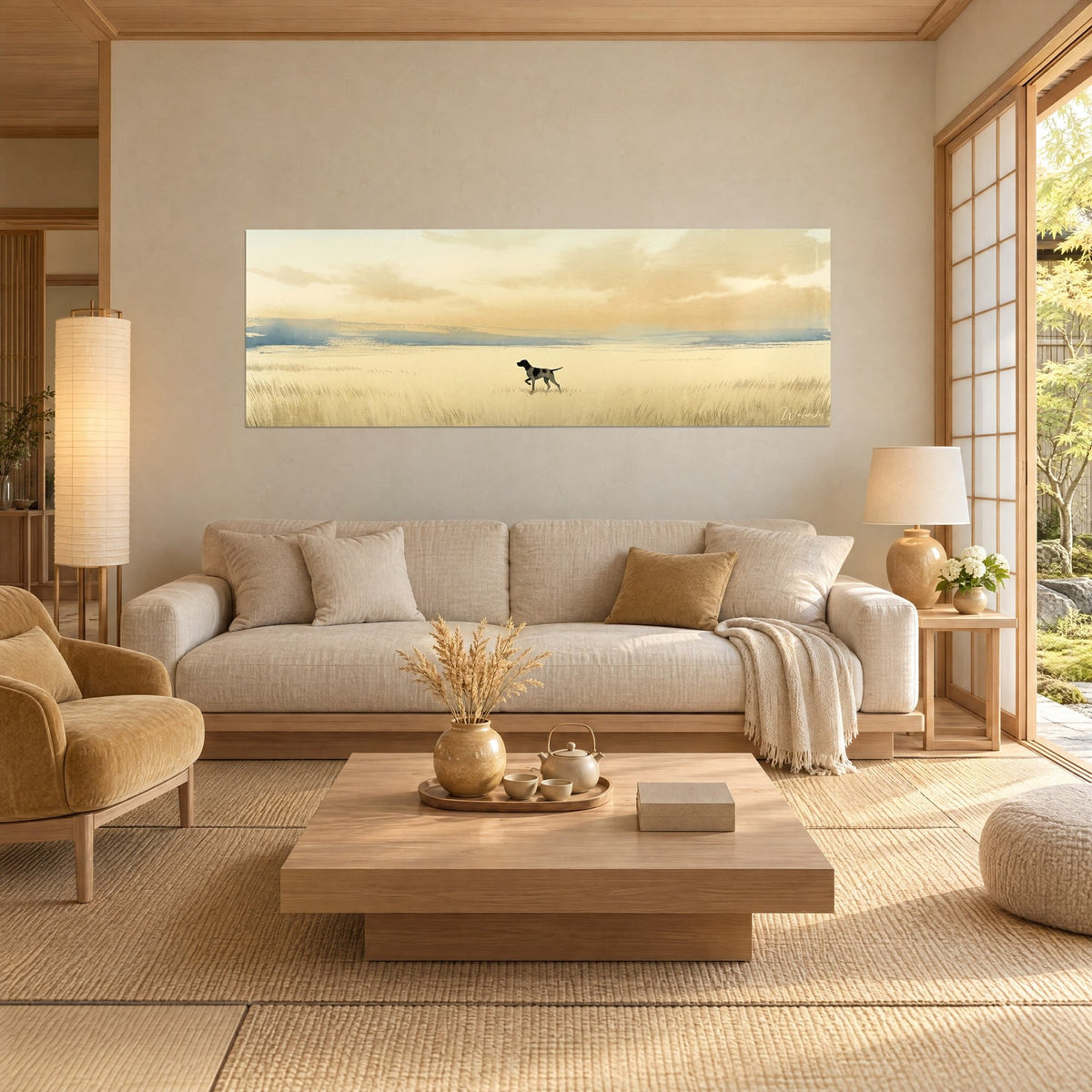 Gemälde Jagdhund im Vorstehen, schwarz gefleckte Fell, in goldener Wiese unter ockerfarbenem Himmel, über einem Sofa in einem hellen Wohnzimmer
