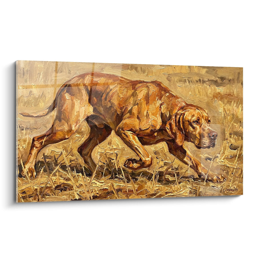 Schilderij Jachthond in Beweging in Hoog Gras - De Wilde Instincten - Pointer Engelse Uitgave