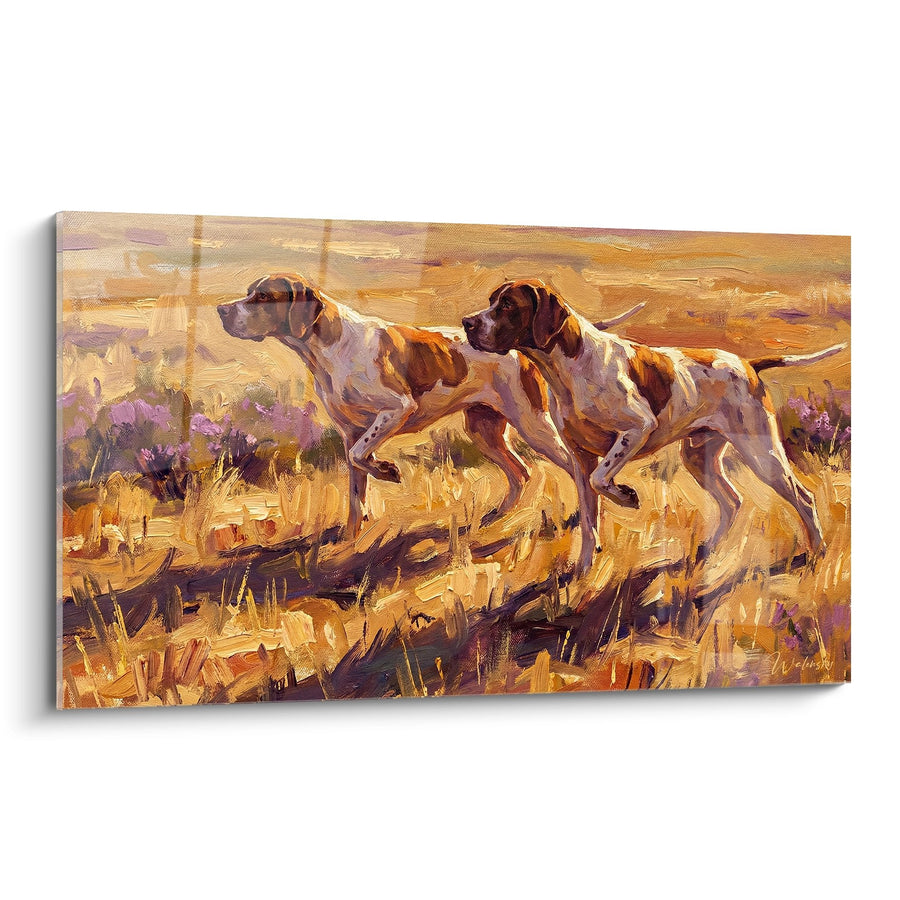Schilderij Twee Jachthonden in Stand op Gouden Heuvel - Wild Moment - Pointer Engelse Editie