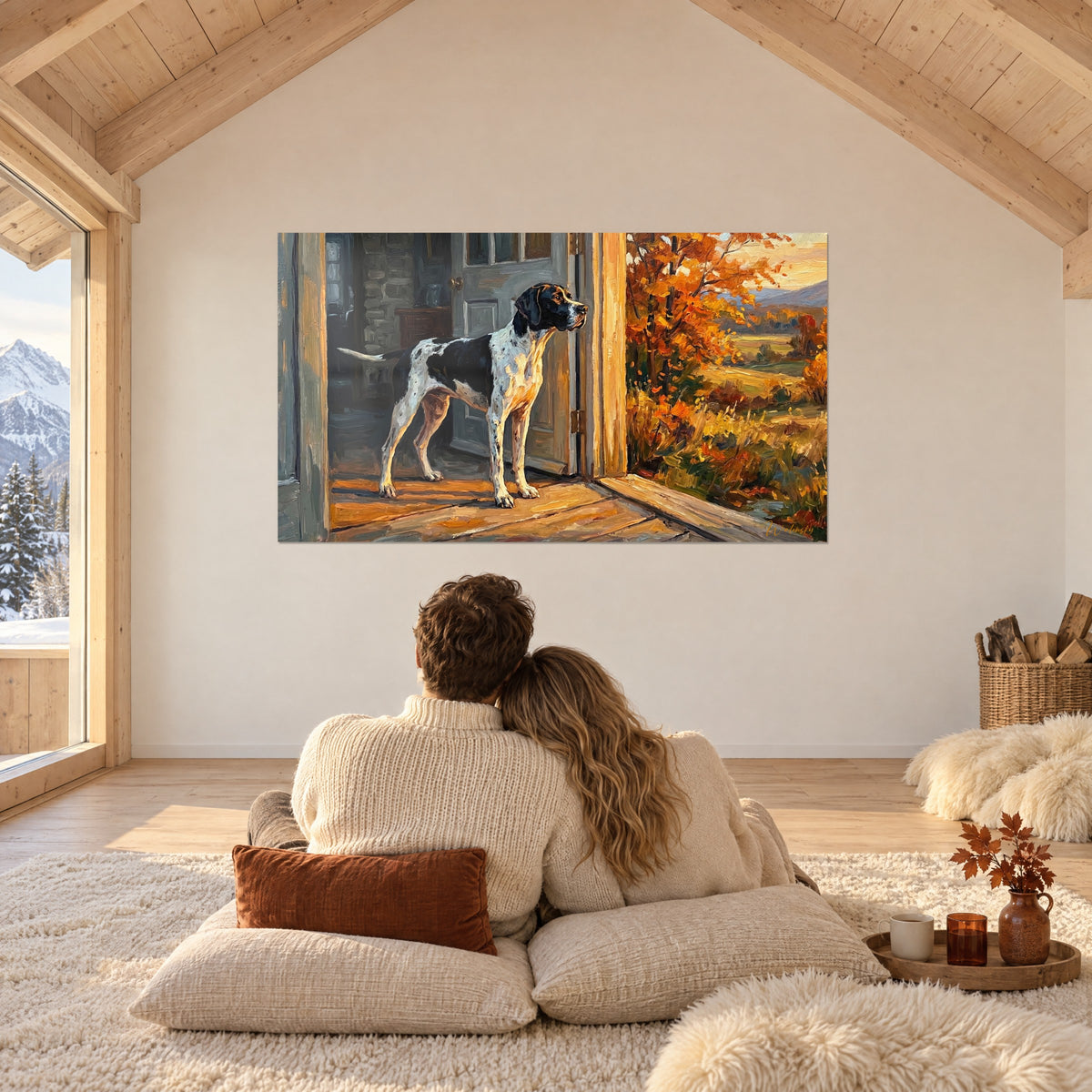 Gemälde eines reglos stehenden Vorstehhundes auf einer orangefarbenen Türschwelle, rostrote Blätter und ein blaues Tal, vor einem Paar auf Kissen