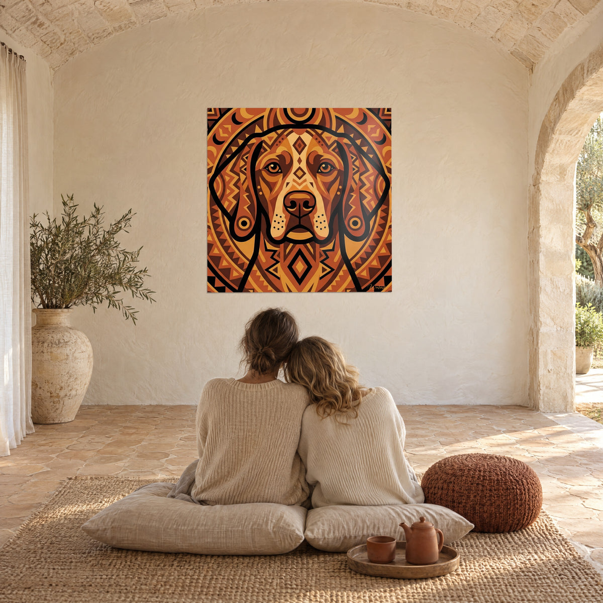 Schilderij van een etnische hond met een crèmekleurige ruit op het voorhoofd, oranje en diep bruin, twee mensen van achteren omhelsd op kussens