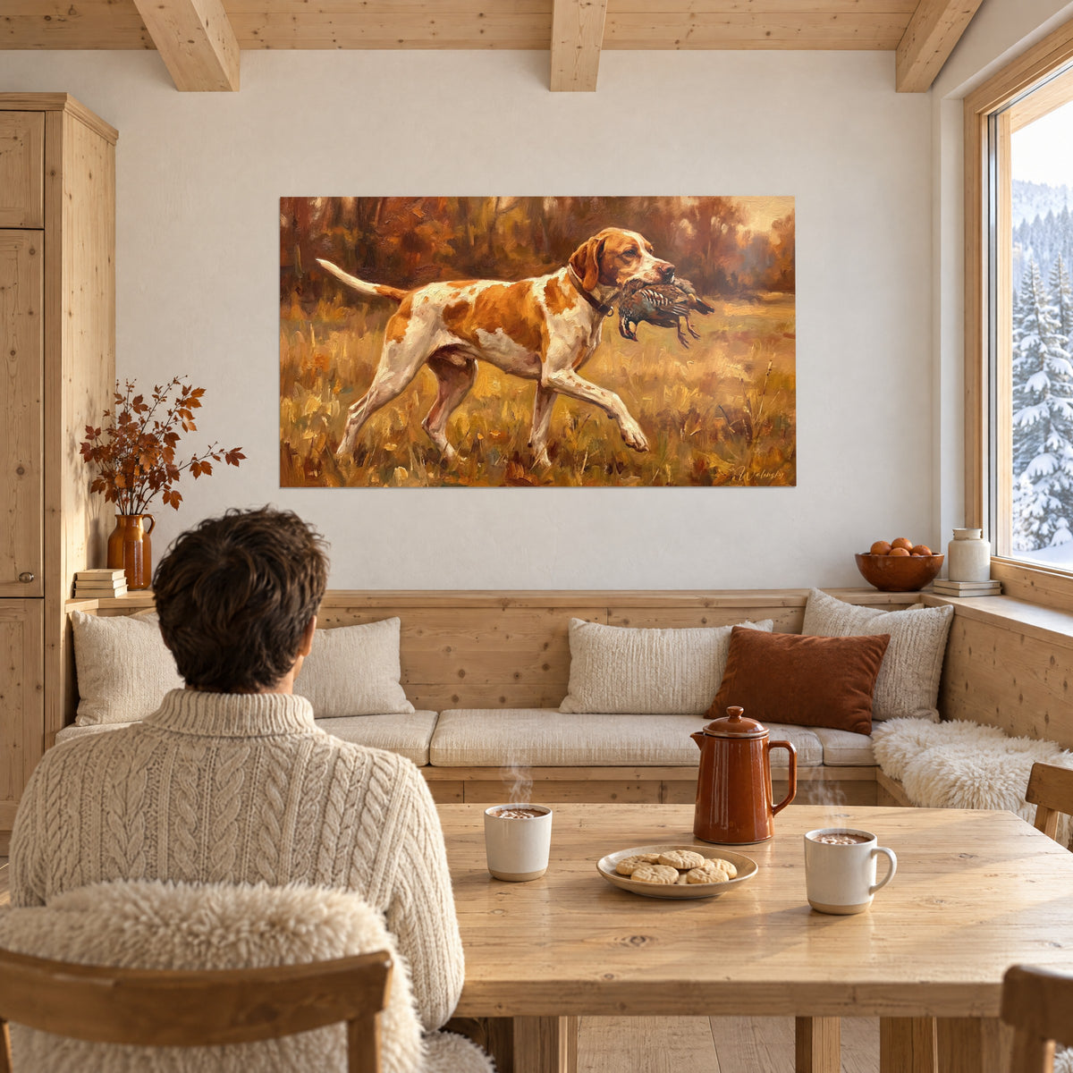 Wall art retriever with short white and tawny coat, russet autumn forest in the background, facing a couple seen from behind by the stove