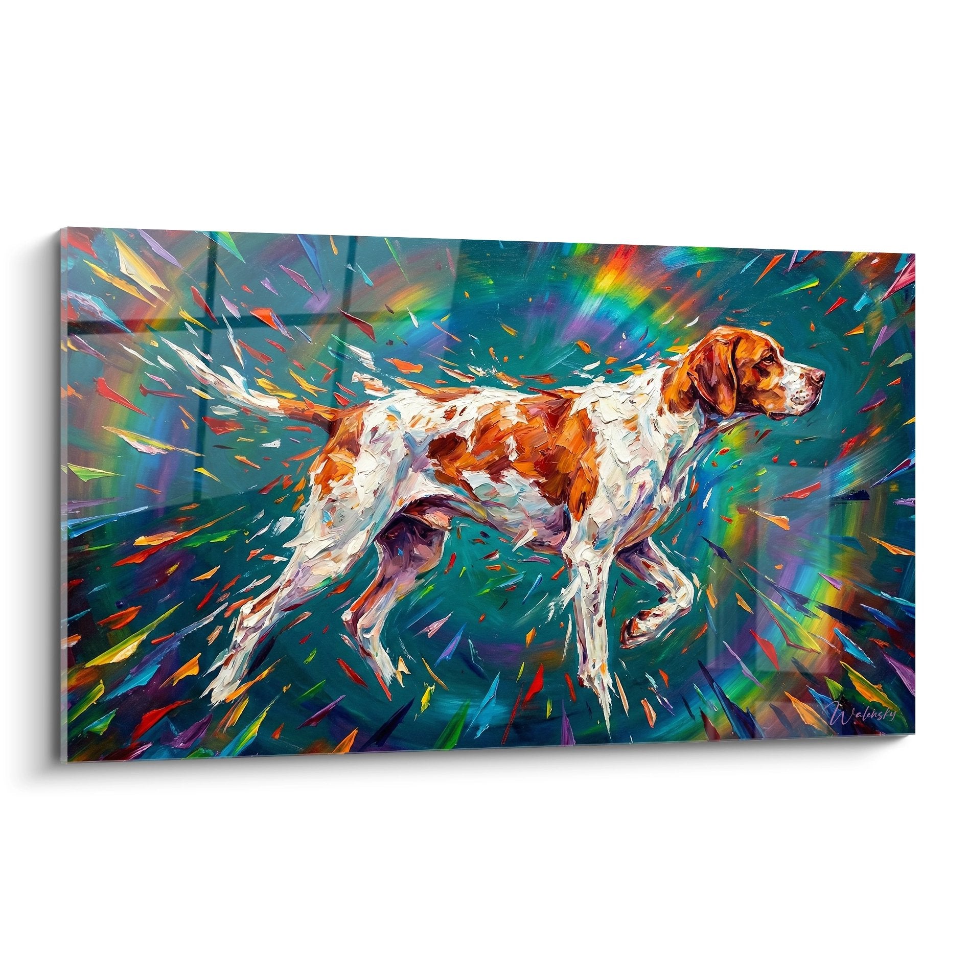 Quadro moderno di Pointer Inglese rosso e bianco su sfondo turchese con esplosione di colori vivaci