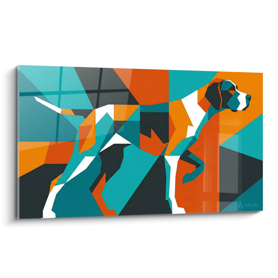 Tableau Chien de Chasse Géométrique Turquoise et Orange - Mosaïque Moderne - Edition Pointer Anglais
