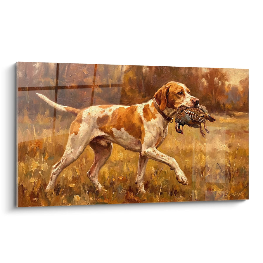 Pointer Engelse Schilderij met Wild in Goudkleurig Licht - Klassieke Jagersscène - Pointer Engelse Editie