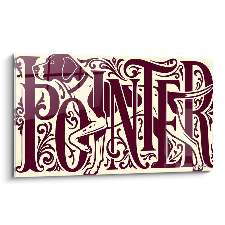 Schilderij Gestileerde Hond met Ornamenten Bordeaux Motieven - Typografische Elegantie - Pointer Engelse Editie