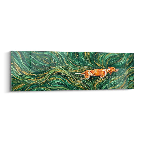 Cuadro de Perro Naranja y Blanco Corriendo en Torbellino Verde - Movimiento Perpetuo - Edición Pointer Inglés